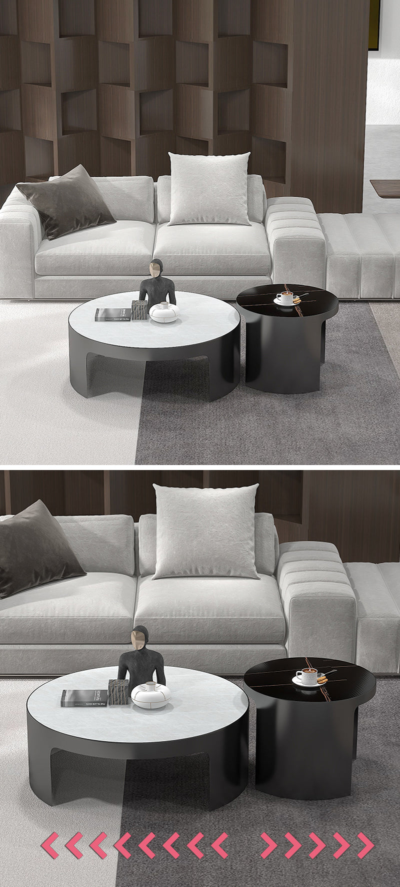 【ローテーブル】モダン現代感 選べる2色 天板グレー+ブラックボディ ☆100日間返品交換保証制度 ※自由度の高い伸縮機能により、ライフスタイルやお部屋の間取りに合わせて、自由に組み替え可能なのが特徴です。