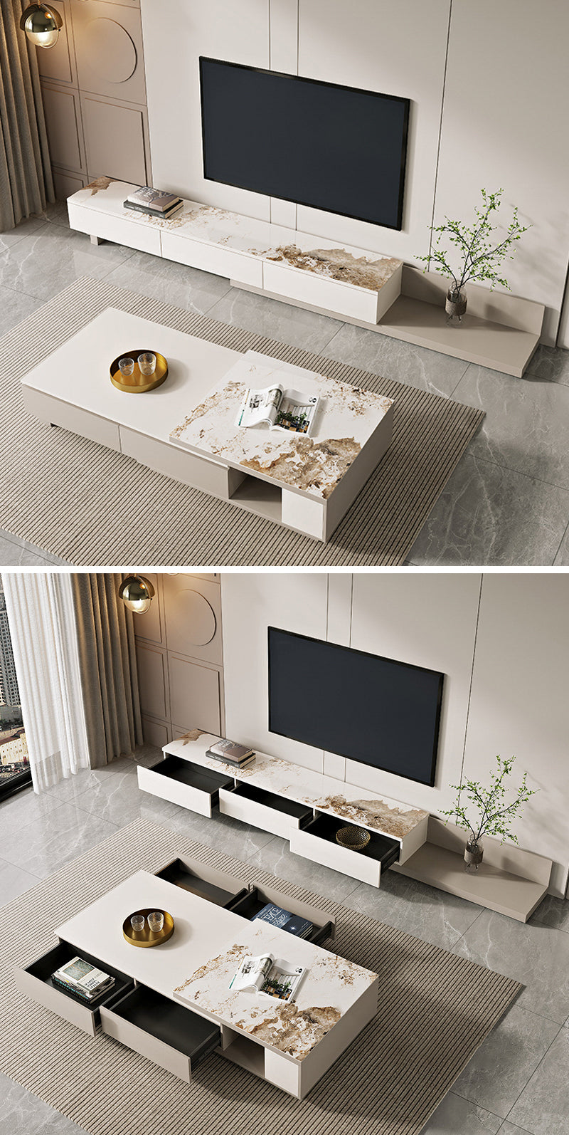 【テレビボード】マーブル柄のテレビボード 伸縮式 Aタイプ 伸縮式180~280*40*30 ホワイト ※引き出しが付いており、リモコンなどの小物から、読みかけの雑誌など幅の広いものも収納が可能です。