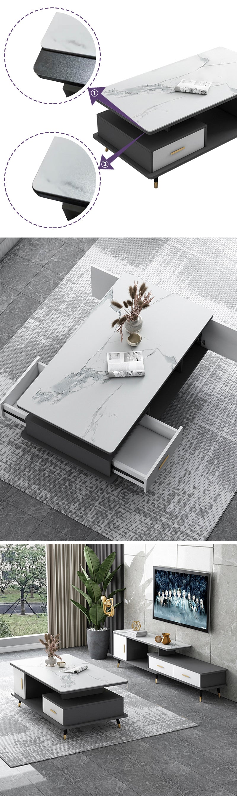 【ローテーブル】贅沢感 選べる3色 ホワイトマーブル模様 120*60*45 ☆100日間返品交換保証制度