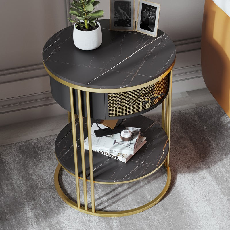 【サイドテーブル】高級感マーブル模様 選べる3色 脚部ゴールデン+天板ブラック+ボディブラック キャスター無 直径50 安心の100日間返品交換保証