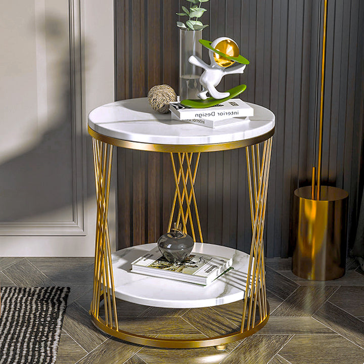 【サイドテーブル】金メッキマーブル模様 選べる2色 脚部ゴールド+板部白マーブル模様 安心の100日間返品交換保証