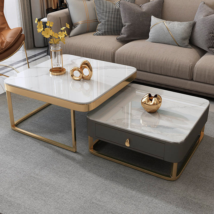 【ローテーブル】イタリア風ライト付き四方型 セットホワイト 脚色ゴールド 100日間返品交換保証制度