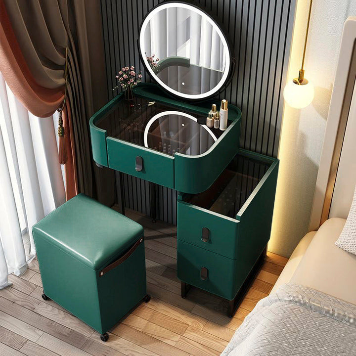 【ドレッサー】小型おしゃれ 選べる5色 テーブル 収納棚 椅子 LEDミラー ダークグリーン 横幅50 100日間返品交換保証制度