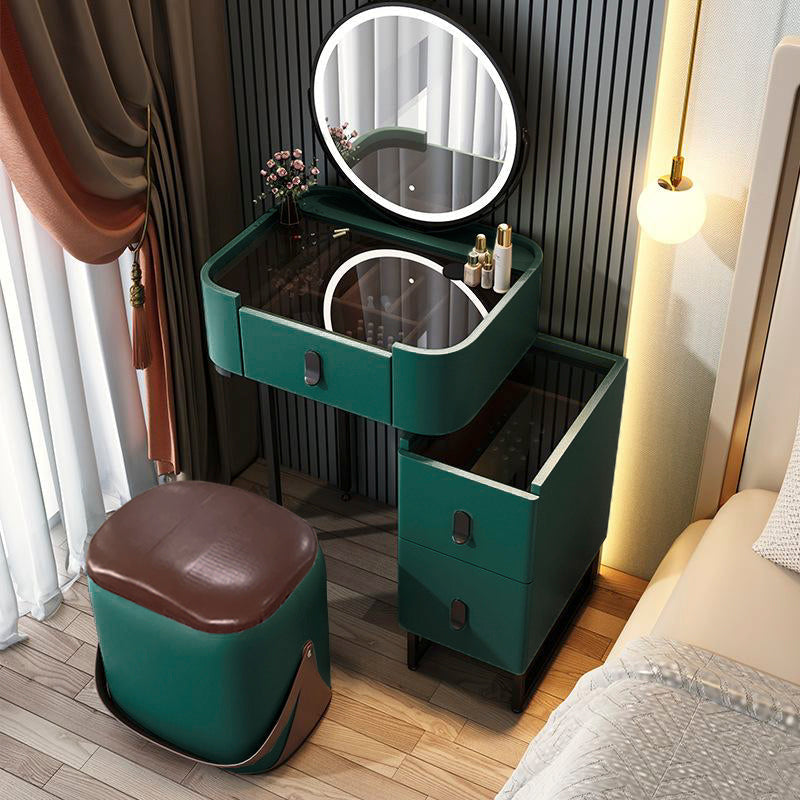 【ドレッサー】小型おしゃれ 選べる5色 テーブル 収納棚 椅子 LEDミラー ダークグリーン 横幅50 100日間返品交換保証制度
