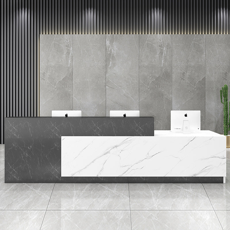 【オフェス受付カウンター】高級感 モダンなデザイン 右側が高い グレー+ホワイト(灰柄)