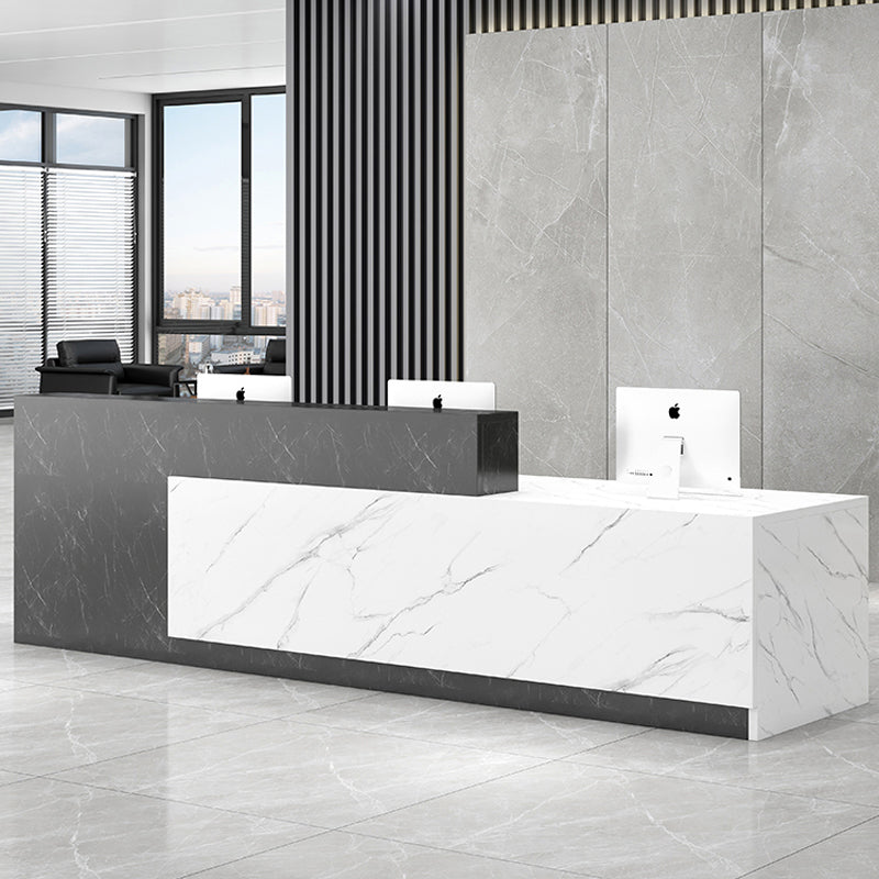 【オフェス受付カウンター】高級感 モダンなデザイン 右側が高い グレー+ホワイト(灰柄)