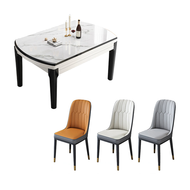 【ダイニングテーブル】 高級感 伸長式 天板厚み選べる ダイニングテーブルセットの全体画像 ホワイト(灰柄)