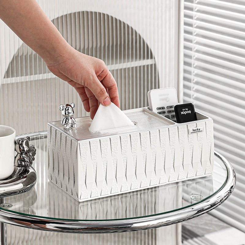 【ティッシュケース】高級感 シンプルホワイト クマちゃん付き