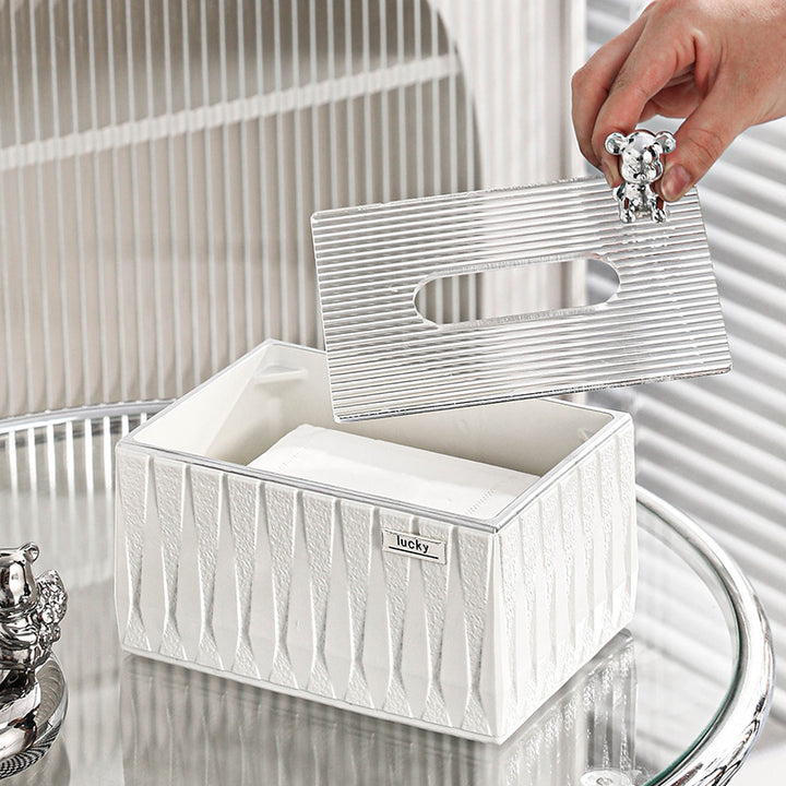 【ティッシュケース】高級感 シンプルホワイト クマちゃん付き