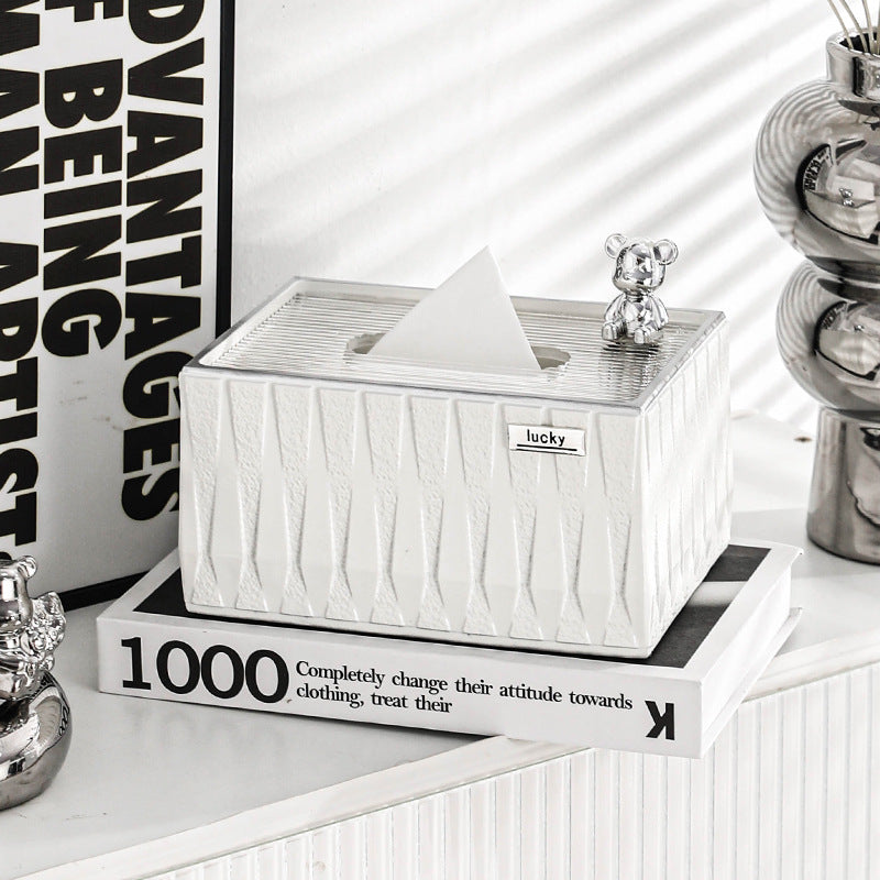 【ティッシュケース】高級感 シンプルホワイト クマちゃん付き