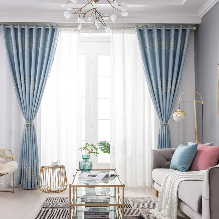 【ドレープカーテン】ジャガード織 選べる24色柄 ブルー(柄付け) ポリエステル 遮光1級 1.5倍ヒダ(2つ山)