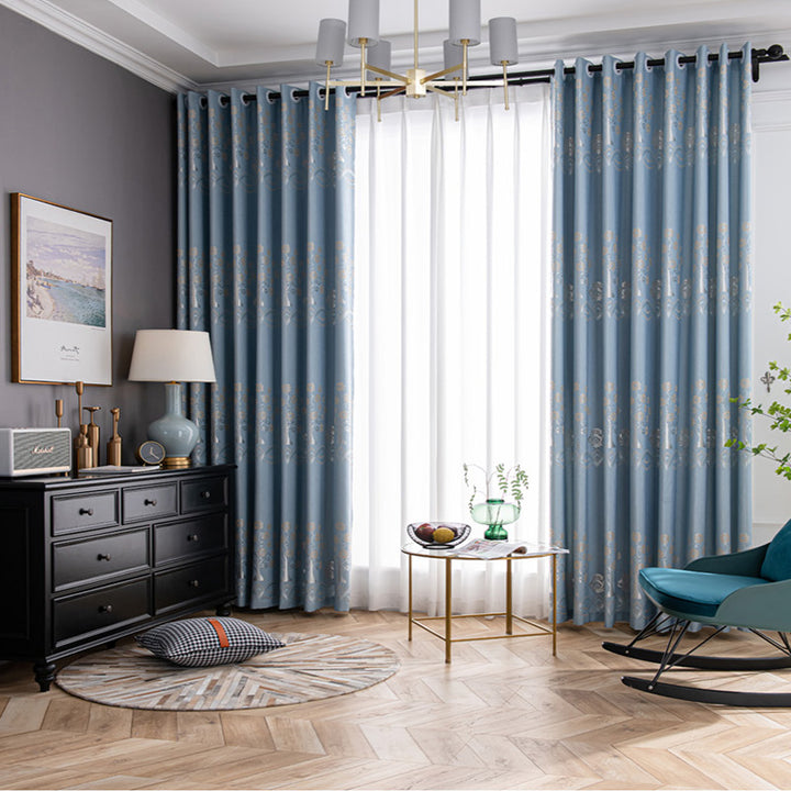 【ドレープカーテン】ジャガード織 選べる24色柄 ブルー(柄付け) ポリエステル 遮光1級 1.5倍ヒダ(2つ山)