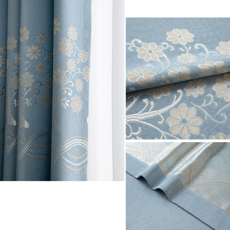 【ドレープカーテン】ジャガード織 選べる24色柄 カーテンの細部画像 浅いブルー(柄付け) ポリエステル 遮光1級 1.5倍ヒダ(2つ山)