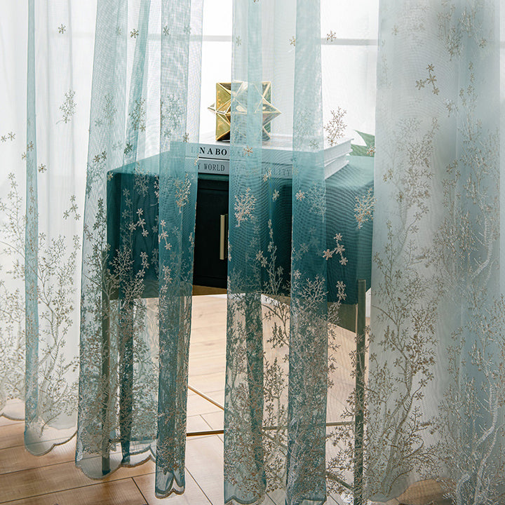 【レースカーテン】青い空霧雨 選べる4色 カーテンの細部画像 ホワイト+ブルー(柄付け) ポリエステル