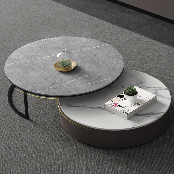 【ローテーブル】グレー系ラウンド 色・パターン高グレー+低ホワイト 高いグレー直径80+低いホワイト直径70 100日間返品交換保証制度