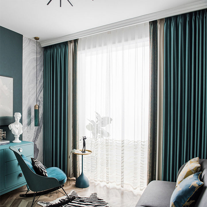 【ドレープカーテン】高級感フランス風 選べる8色 濃いグリーン(柄付け)+アイボリー+濃いグリーン ポリエステル100% 遮光1級