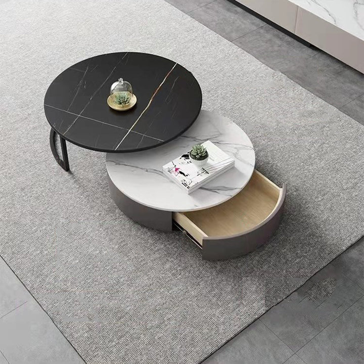 【ローテーブル】グレー系ラウンド 色・パターン高ブラック+低ホワイト 高いグレー直径80+低いホワイト直径70 100日間返品交換保証制度