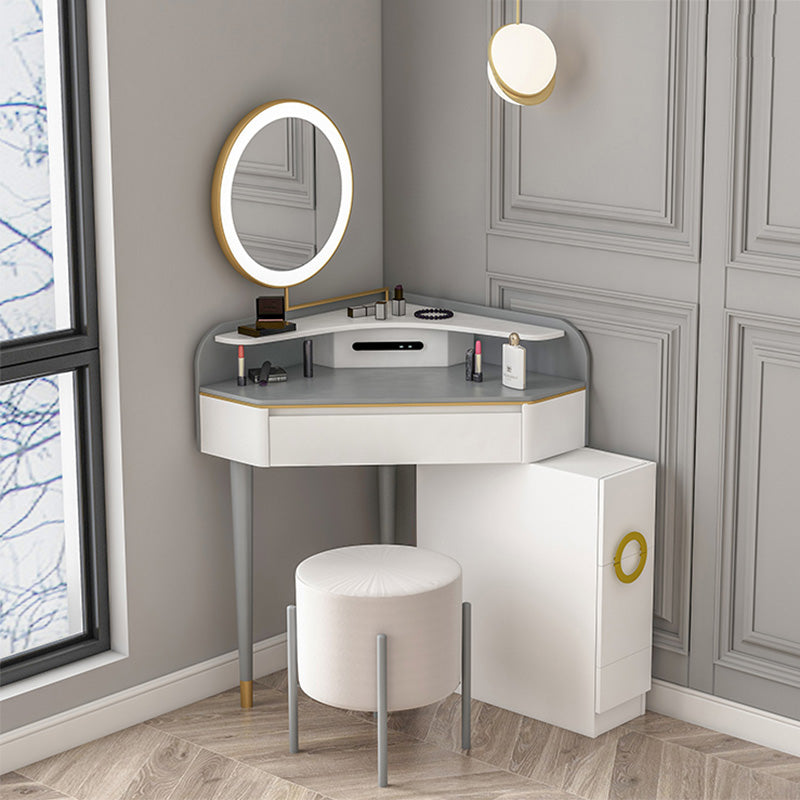 【ドレッサー】コンパクト2段式 1色のみ テーブル 収納棚 椅子 LEDミラー ホワイト+グレー 100日間返品交換保証制度