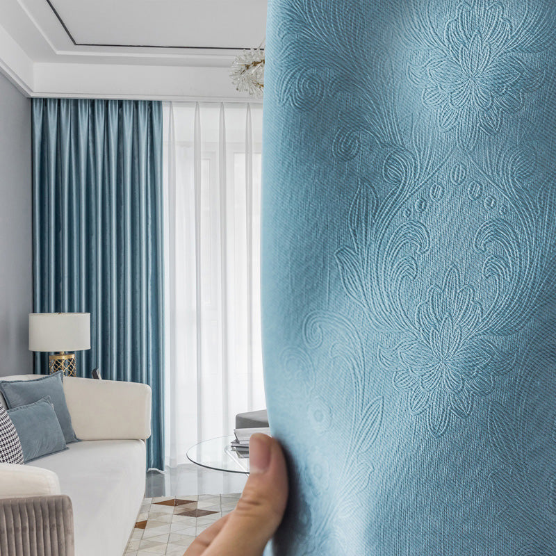 【ドレープカーテン】ジャガード織 選べる24色柄 カーテンの細部画像 ブルー(柄付け) ポリエステル 遮光1級 1.5倍ヒダ(2つ山)