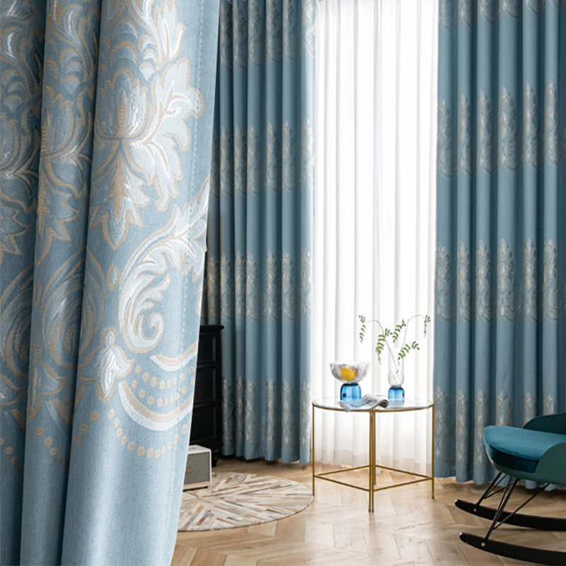 【ドレープカーテン】ジャガード織 選べる24色柄 ブルー(柄付け) ポリエステル 遮光1級 1.5倍ヒダ(2つ山)