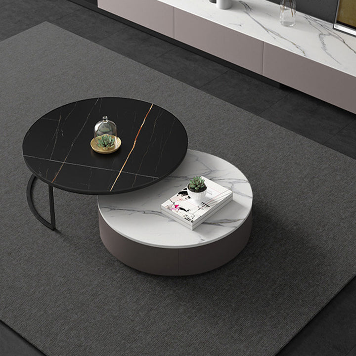 【ローテーブル】グレー系ラウンド 色・パターン高ブラック+低ホワイト 高いグレー直径80+低いホワイト直径70 100日間返品交換保証制度