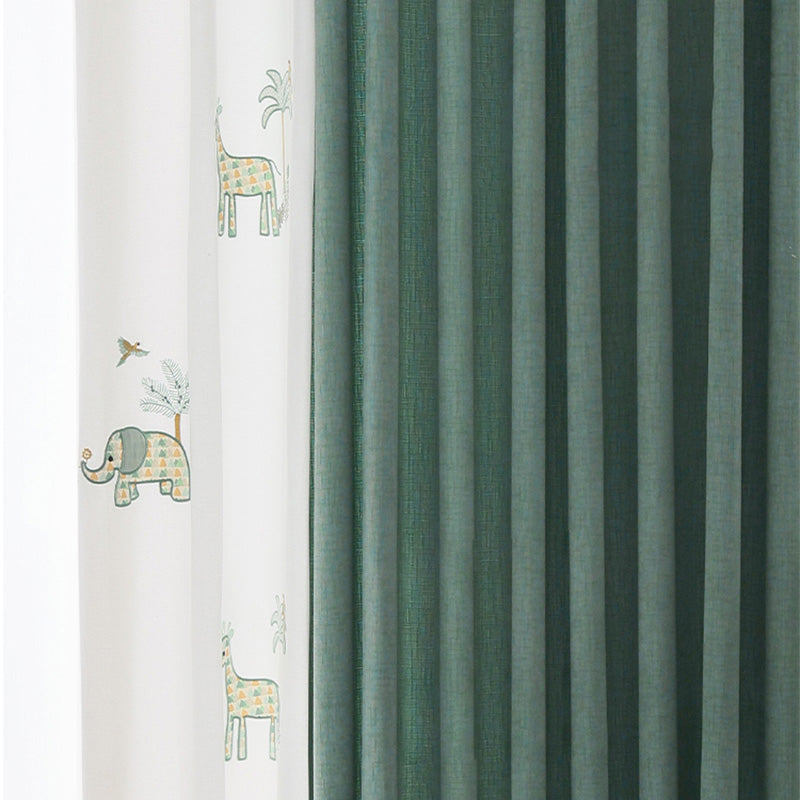 【ドレープカーテン】アニメ動物絵 緑
