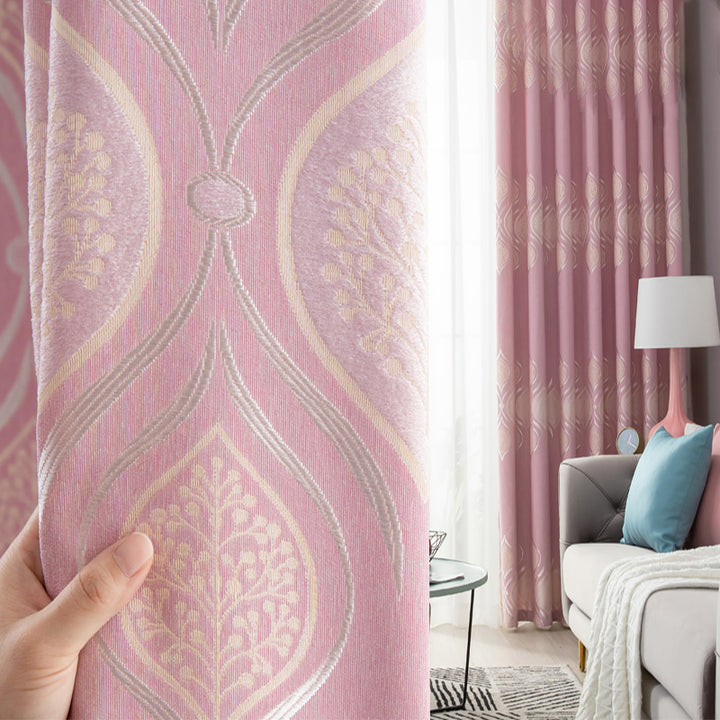 【ドレープカーテン】ジャガード織 選べる24色柄 カーテンの細部画像 ピンク(柄付け) ポリエステル 遮光1級 1.5倍ヒダ(2つ山)