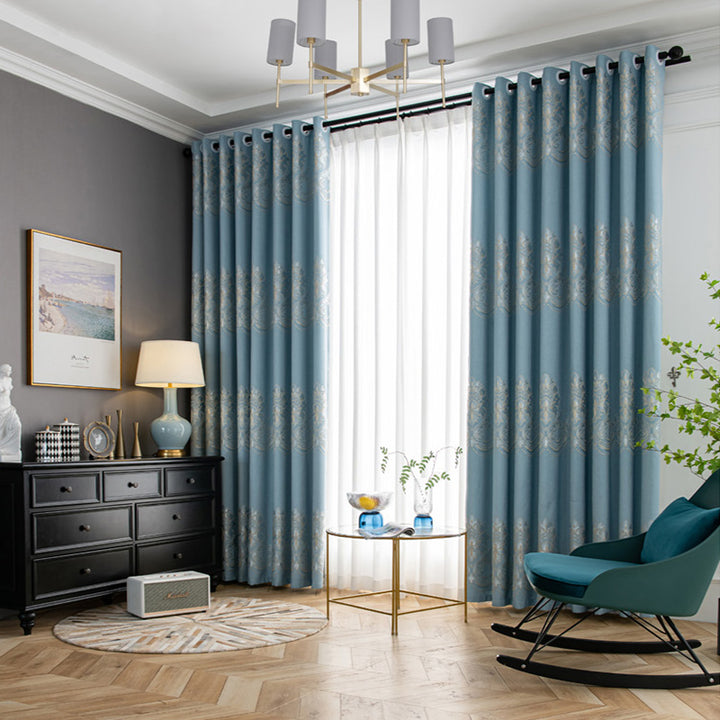 【ドレープカーテン】ジャガード織 選べる24色柄 ブルー(柄付け) ポリエステル 遮光1級 1.5倍ヒダ(2つ山)