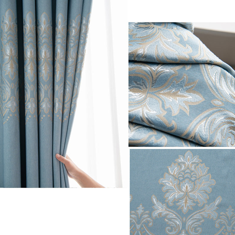 【ドレープカーテン】ジャガード織 選べる24色柄 カーテンの細部画像 ブルー(柄付け) ポリエステル 遮光1級 1.5倍ヒダ(2つ山)