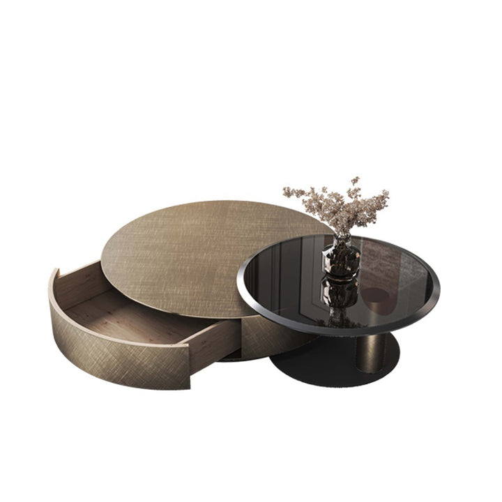 【ローテーブル】イタリア黒金風 ゴールド セット直径80CMローテーブル(引き出し付)+直径55CMサイドテーブル 100日間返品交換保証制度