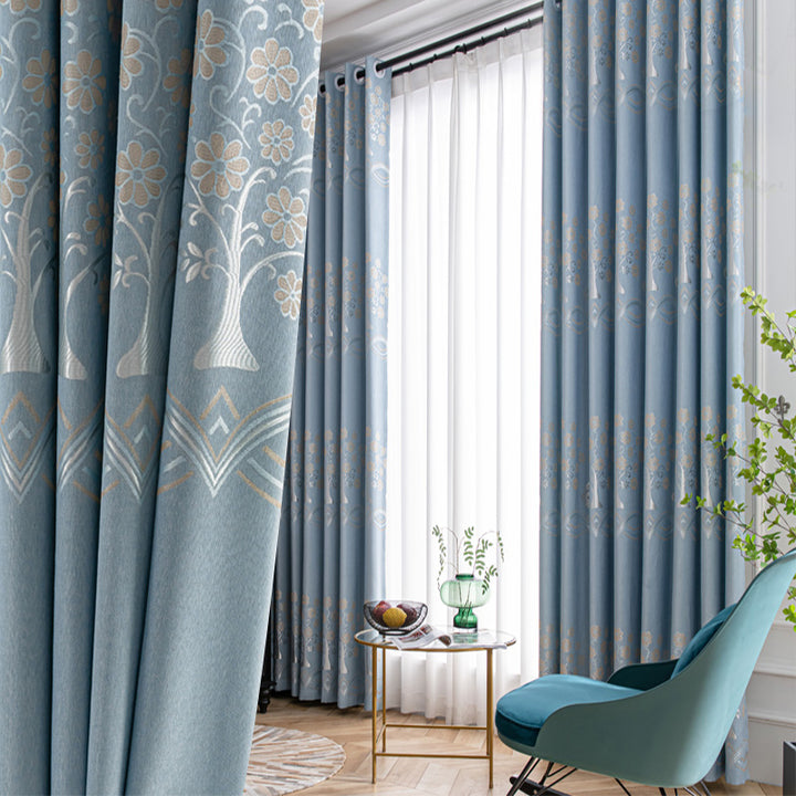 【ドレープカーテン】ジャガード織 選べる24色柄 ブルー(柄付け) ポリエステル 遮光1級 1.5倍ヒダ(2つ山)