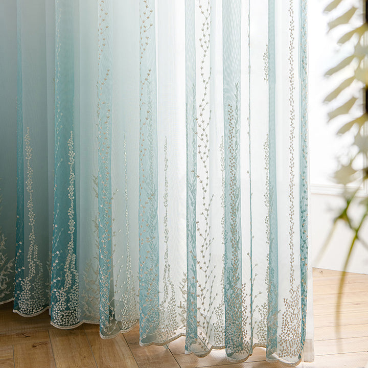 【レースカーテン】青い空霧雨 選べる4色 カーテンの細部画像 ホワイト+ブルー(柄付け) ポリエステル