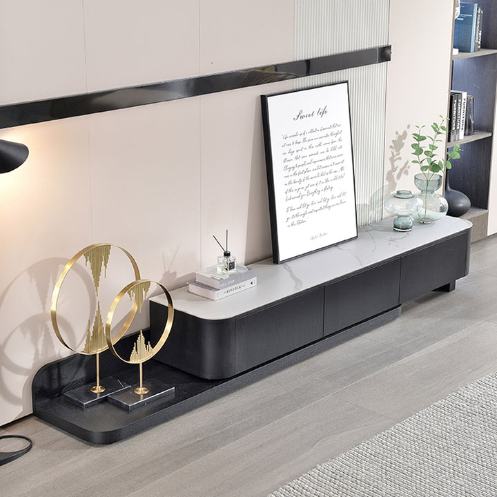 【テレビボード】伸縮式のテレビボード モダン風 ブラック 天板色ホワイト(灰柄) 伸缩式 200~390*42*35