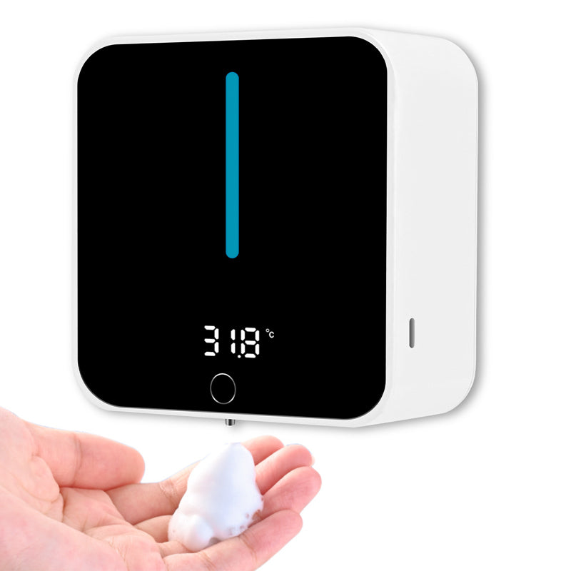 高精度の温度表示が見えるモダンなデザインの自動泡ソープディスペンサーの正面ビュー。