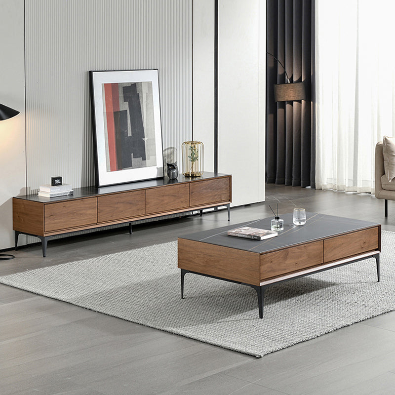 【テレビボード】イタリア風 ラグジュアリー ウォールナット 天板色ブラック(金柄) 引き出し*4