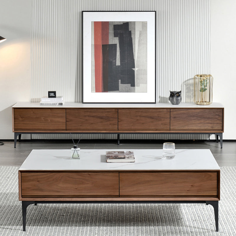 【テレビボード】イタリア風 ラグジュアリー ウォールナット 天板色ホワイト(灰柄) 引き出し*4