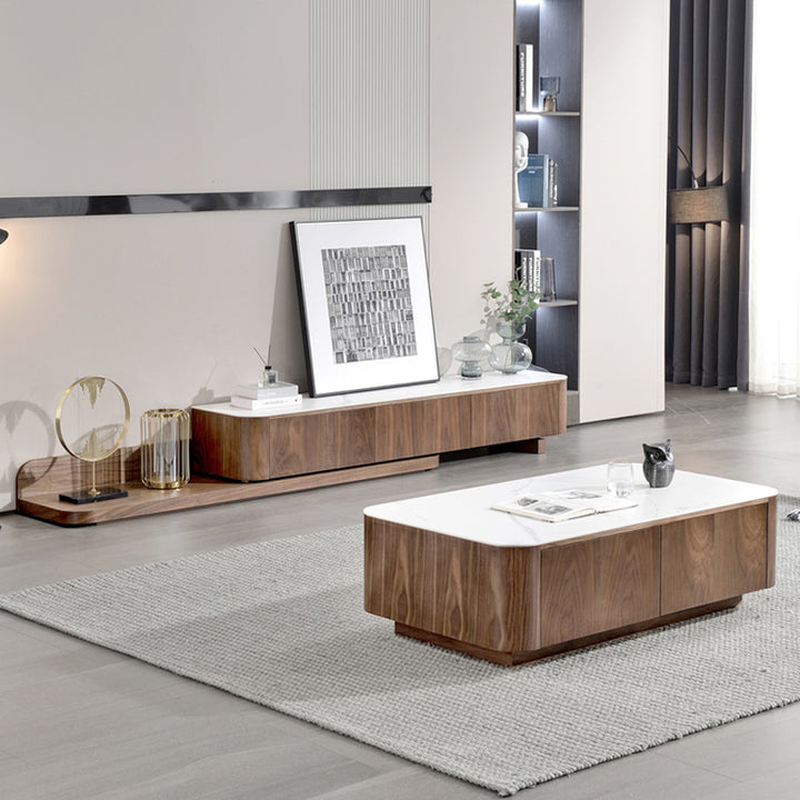 【テレビボード】伸縮式のテレビボード モダン風 ウォールナット 天板色ホワイト(灰柄) 伸缩式 200~390*42*35