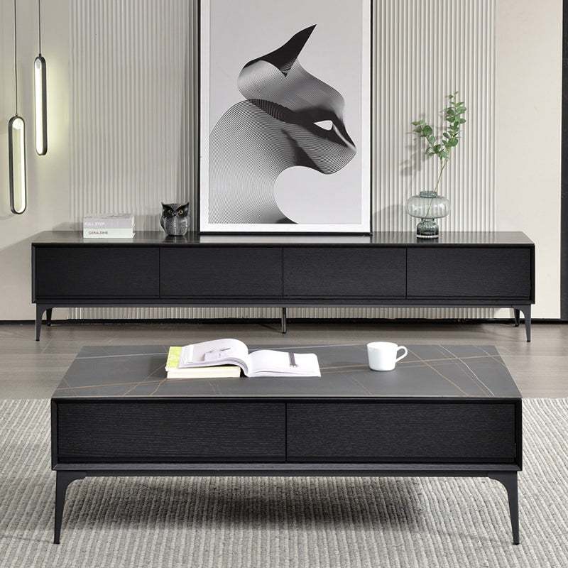 【テレビボード】イタリア風 ラグジュアリー ブラック 天板色ブラック(金柄) 引き出し*4