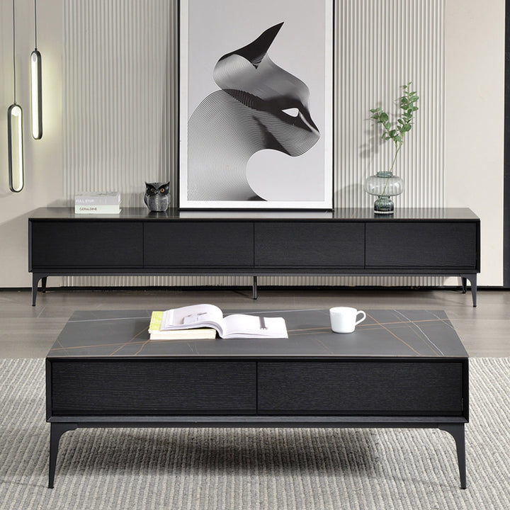 【テレビボード】イタリア風 ラグジュアリー ブラック 天板色ブラック(金柄) 引き出し*4