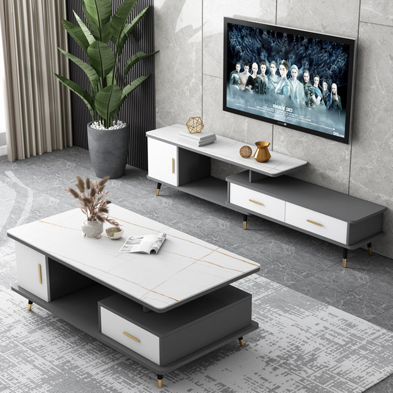 【テレビボード】収納付きテレビボード 選べる3色 ホワイト+グレー 天板色ホワイト+ゴールド 伸縮式130~210*30*46