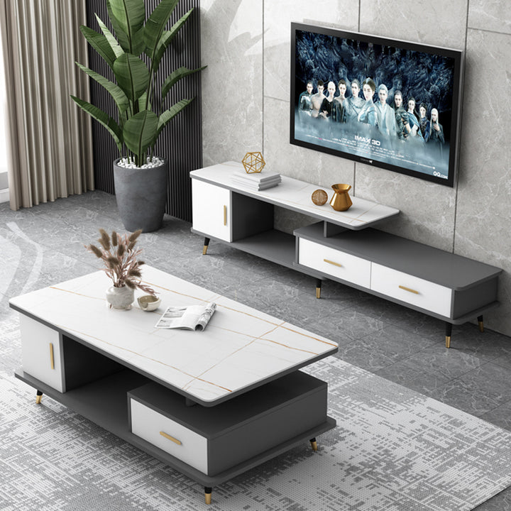 【テレビボード】収納付きテレビボード 選べる3色 ホワイト+グレー 天板色ホワイト+ゴールド 伸縮式130~210*30*46