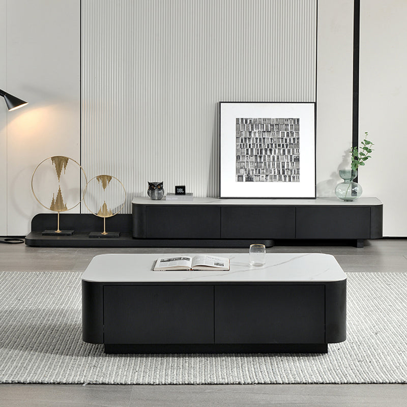 【テレビボード】伸縮式のテレビボード モダン風 ブラック 天板色ホワイト(灰柄) 伸缩式 200~390*42*35