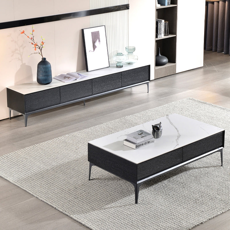 【テレビボード】イタリア風 ラグジュアリー ブラック 天板色ホワイト(灰柄) 引き出し*4