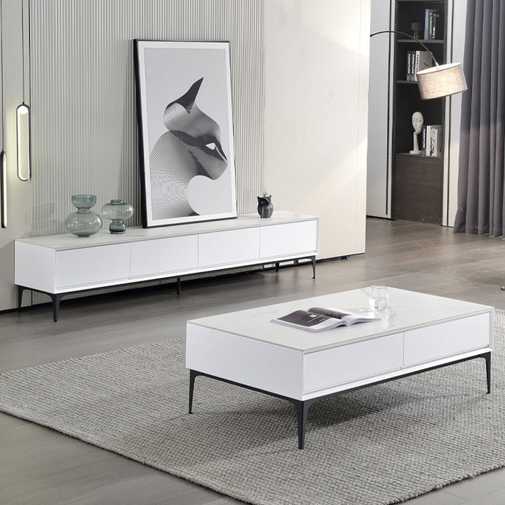 【テレビボード】イタリア風 ラグジュアリー ホワイト 天板色ホワイト(灰柄) 引き出し*4