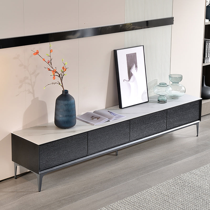 【テレビボード】イタリア風 ラグジュアリー ブラック 天板色ホワイト(灰柄) 引き出し*4