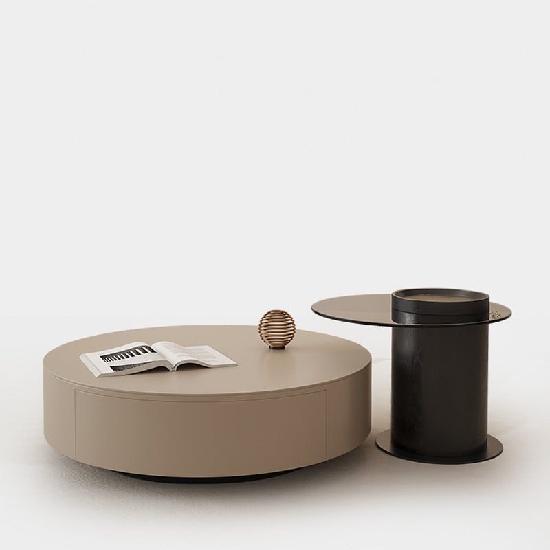 【ローテーブル】モダン 優雅なデザイン ローテーブルの全体画像 ブラック+ベージュ 直径80ローテーブル+直径60サイドテーブル 100日間返品交換保証制度