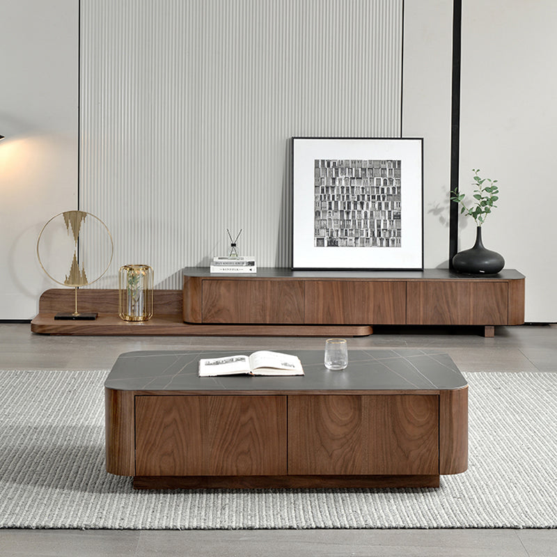 【テレビボード】伸縮式のテレビボード モダン風 ウォールナット 天板色ブラック(金柄) 伸缩式 200~390*42*35