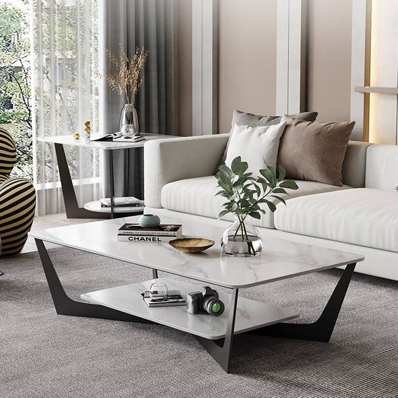 【ローテーブル】棚板付き 北欧風 選べる4色 ホワイト(灰柄) 100日間返品交換保証制度