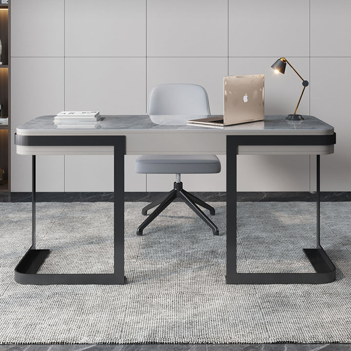 【ワークデスク】テーブル マーブル柄 グレー テーブル+椅子 正面図