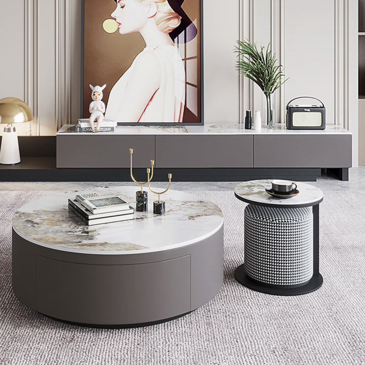 【ローテーブル】イタリア風 モダン 選べる4色 グレー ローテーブル直径90+サイドテーブル直径40 100日間返品交換保証制度